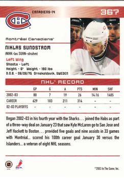 2003-04 In The Game Action #367 Niklas Sundstrom Back