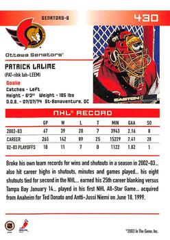 2003-04 In The Game Action #430 Patrick Lalime Back