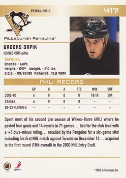 2003-04 In The Game Action #417 Brooks Orpik Back