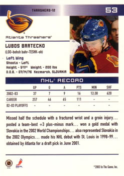 2003-04 In The Game Action #53 Lubos Bartecko Back