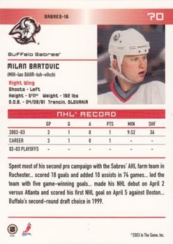 2003-04 In The Game Action #70 Milan Bartovic Back