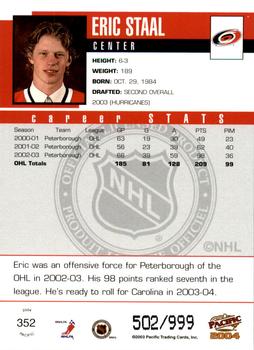 2003-04 Pacific #352 Eric Staal Back
