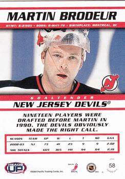 2003-04 Pacific Heads Up #58 Martin Brodeur Back