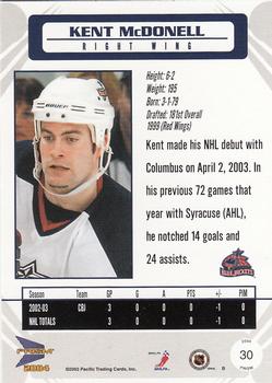 2003-04 Pacific Prism #30 Kent McDonell Back