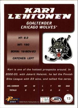 2003-04 Pacific Prospects AHL #13 Kari Lehtonen Back