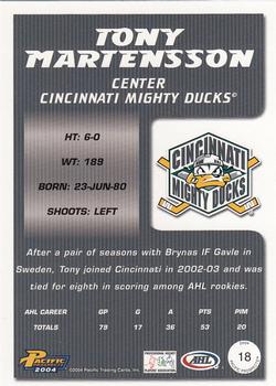 2003-04 Pacific Prospects AHL #18 Tony Martensson Back