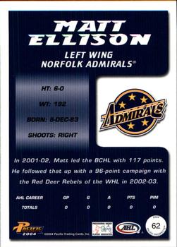2003-04 Pacific Prospects AHL #62 Matt Ellison Back