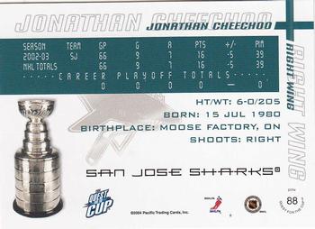 2003-04 Pacific Quest for the Cup #88 Jonathan Cheechoo Back