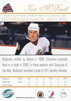 2003-04 Pacific Supreme #115 Kent McDonell Back