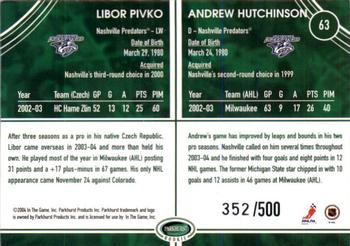2003-04 Parkhurst Rookie #63 Andrew Hutchinson / Libor Pivko Back