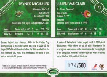 2003-04 Parkhurst Rookie #71 Julien Vauclair / Zbynek Michalek Back