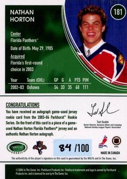 2003-04 Parkhurst Rookie #181 Nathan Horton Back