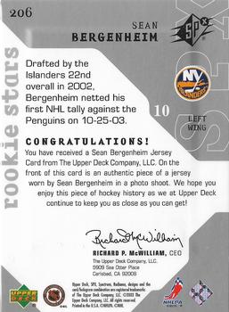 2003-04 SPx #206 Sean Bergenheim Back