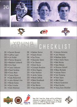2003-04 Upper Deck #245 Young Guns Checklist (Marc-Andre Fleury / Eric Staal / Nathan Horton) Back