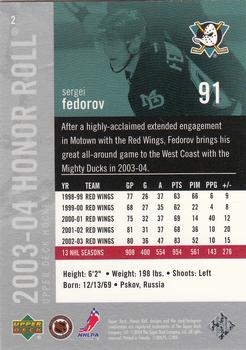 2003-04 Upper Deck Honor Roll #2 Sergei Fedorov Back