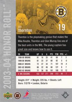 2003-04 Upper Deck Honor Roll #6 Joe Thornton Back