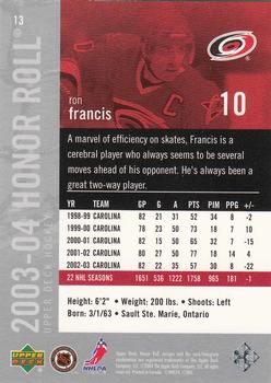 2003-04 Upper Deck Honor Roll #13 Ron Francis Back