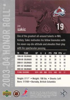 2003-04 Upper Deck Honor Roll #18 Joe Sakic Back
