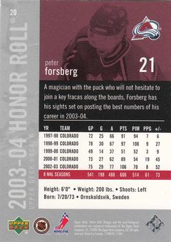 2003-04 Upper Deck Honor Roll #20 Peter Forsberg Back