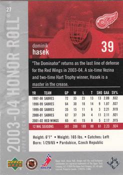 2003-04 Upper Deck Honor Roll #27 Dominik Hasek Back