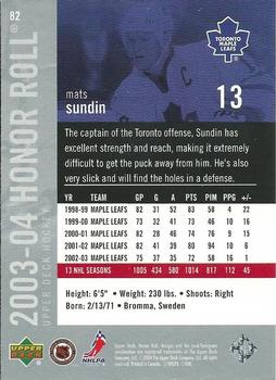 2003-04 Upper Deck Honor Roll #82 Mats Sundin Back