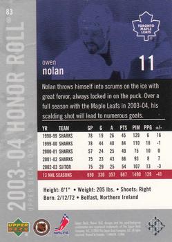 2003-04 Upper Deck Honor Roll #83 Owen Nolan Back