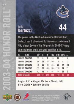 2003-04 Upper Deck Honor Roll #87 Todd Bertuzzi Back