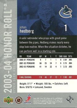 2003-04 Upper Deck Honor Roll #85 Johan Hedberg Back