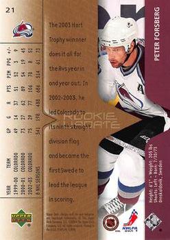 2003-04 Upper Deck Rookie Update #21 Peter Forsberg Back