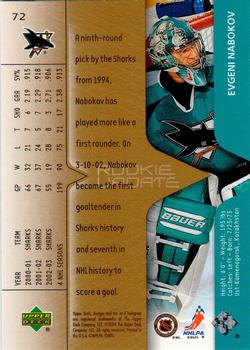 2003-04 Upper Deck Rookie Update #72 Evgeni Nabokov Back