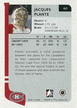 2004-05 In The Game Franchises Canadian #40 Jacques Plante Back