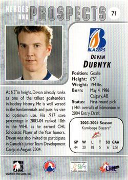 2004-05 In The Game Heroes and Prospects #71 Devan Dubnyk Back