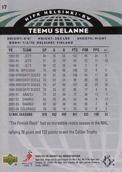 2004-05 Upper Deck All-World Edition #17 Teemu Selanne Back