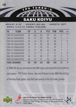 2004-05 Upper Deck All-World Edition #19 Saku Koivu Back