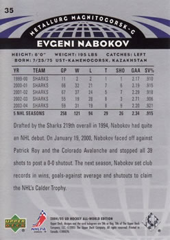 2004-05 Upper Deck All-World Edition #35 Evgeni Nabokov Back