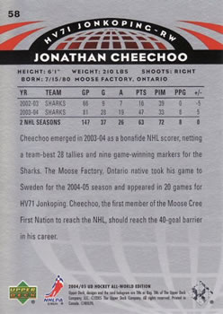 2004-05 Upper Deck All-World Edition #58 Jonathan Cheechoo Back