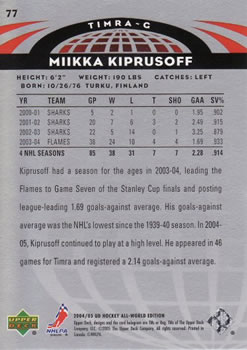 2004-05 Upper Deck All-World Edition #77 Miikka Kiprusoff Back
