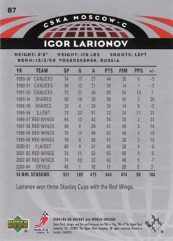 2004-05 Upper Deck All-World Edition #87 Igor Larionov Back