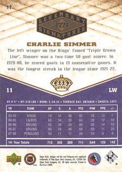 2004-05 UD Legendary Signatures #17 Charlie Simmer Back