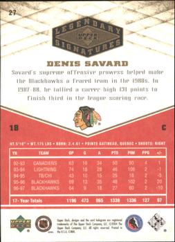 2004-05 UD Legendary Signatures #27 Denis Savard Back