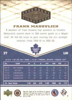 2004-05 UD Legendary Signatures #35 Frank Mahovlich Back