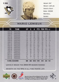 2004-05 Upper Deck #138 Mario Lemieux Back