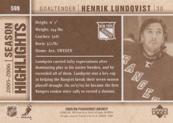 2005-06 Parkhurst #599 Henrik Lundqvist Back