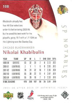 2005-06 SP Authentic #108 Nikolai Khabibulin Back