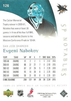 2005-06 SP Authentic #126 Evgeni Nabokov Back