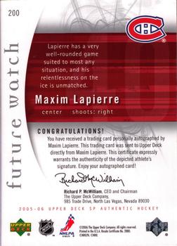 2005-06 SP Authentic #200 Maxim Lapierre Back