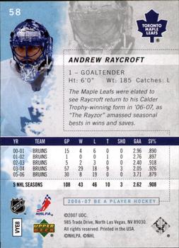 2006-07 Be A Player #58 Andrew Raycroft Back