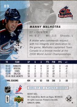 2006-07 Be A Player #89 Manny Malhotra Back