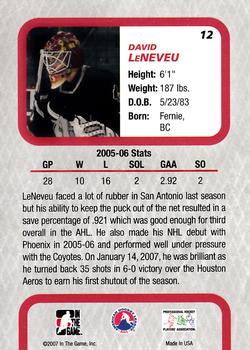 2006-07 In The Game Between The Pipes #12 David LeNeveu Back