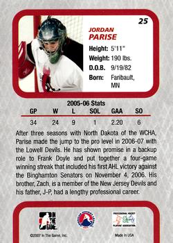 2006-07 In The Game Between The Pipes #25 Jordan Parise Back